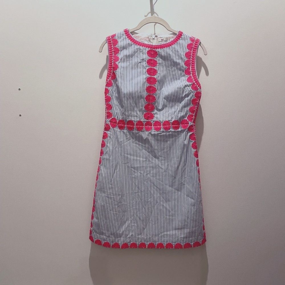 Vineyard Vines Pink Embroidered Blue Striped Shift Dress